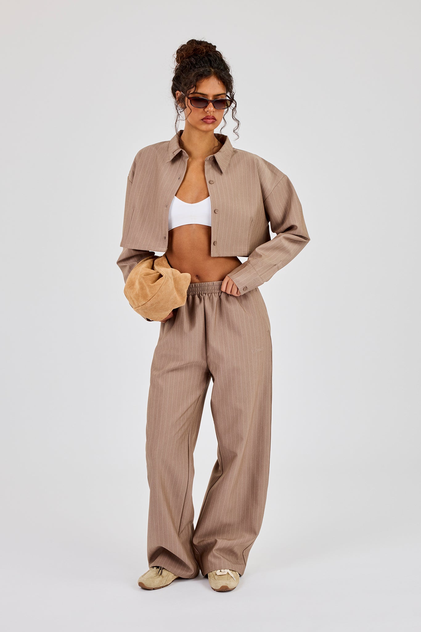 Striped Super Crop Shirt & Wide Leg Trouser - Taupe