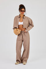 Striped Super Crop Shirt & Wide Leg Trouser - Taupe
