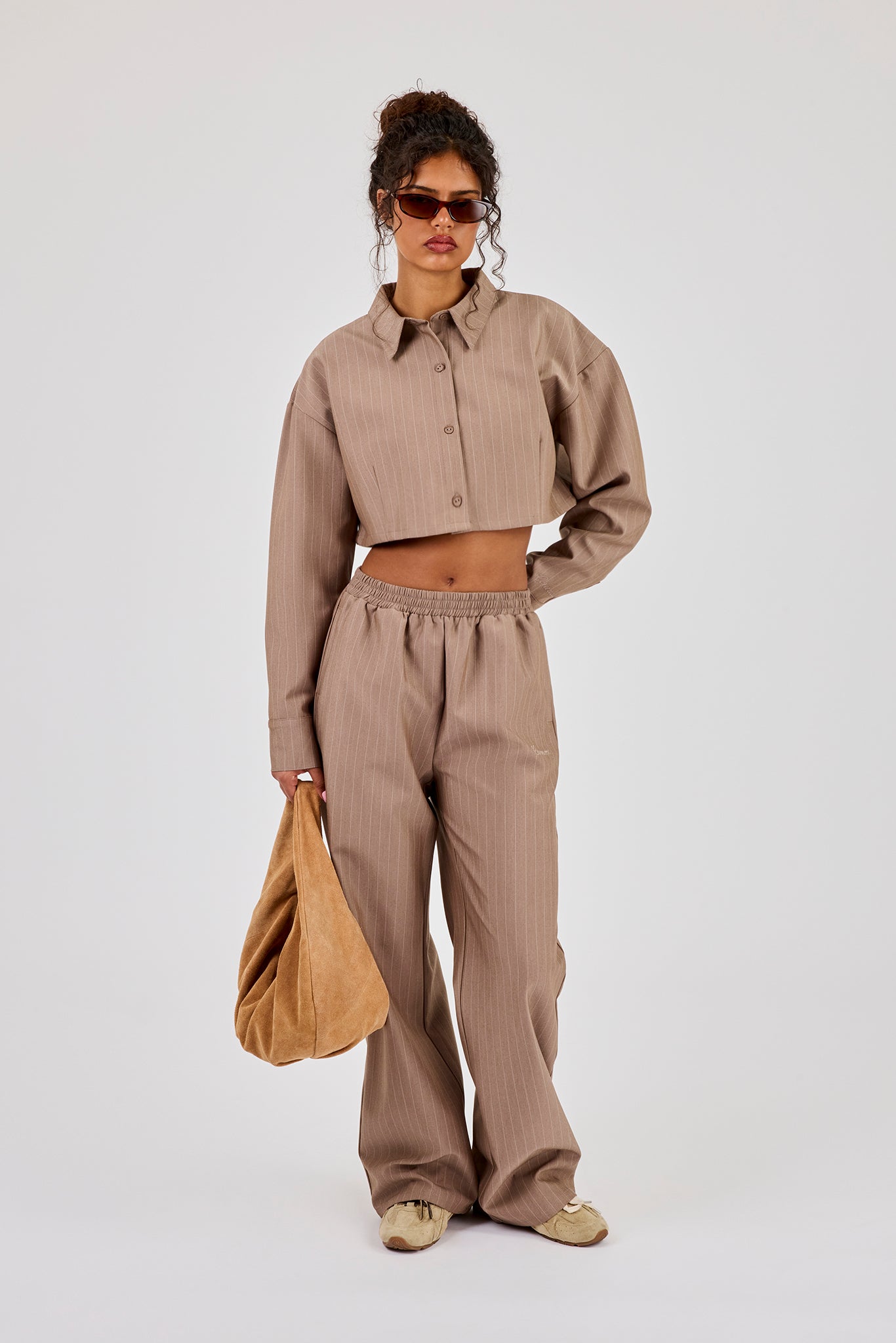Striped Super Crop Shirt & Wide Leg Trouser - Taupe