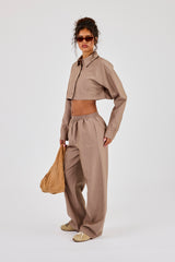 Striped Super Crop Shirt & Wide Leg Trouser - Taupe