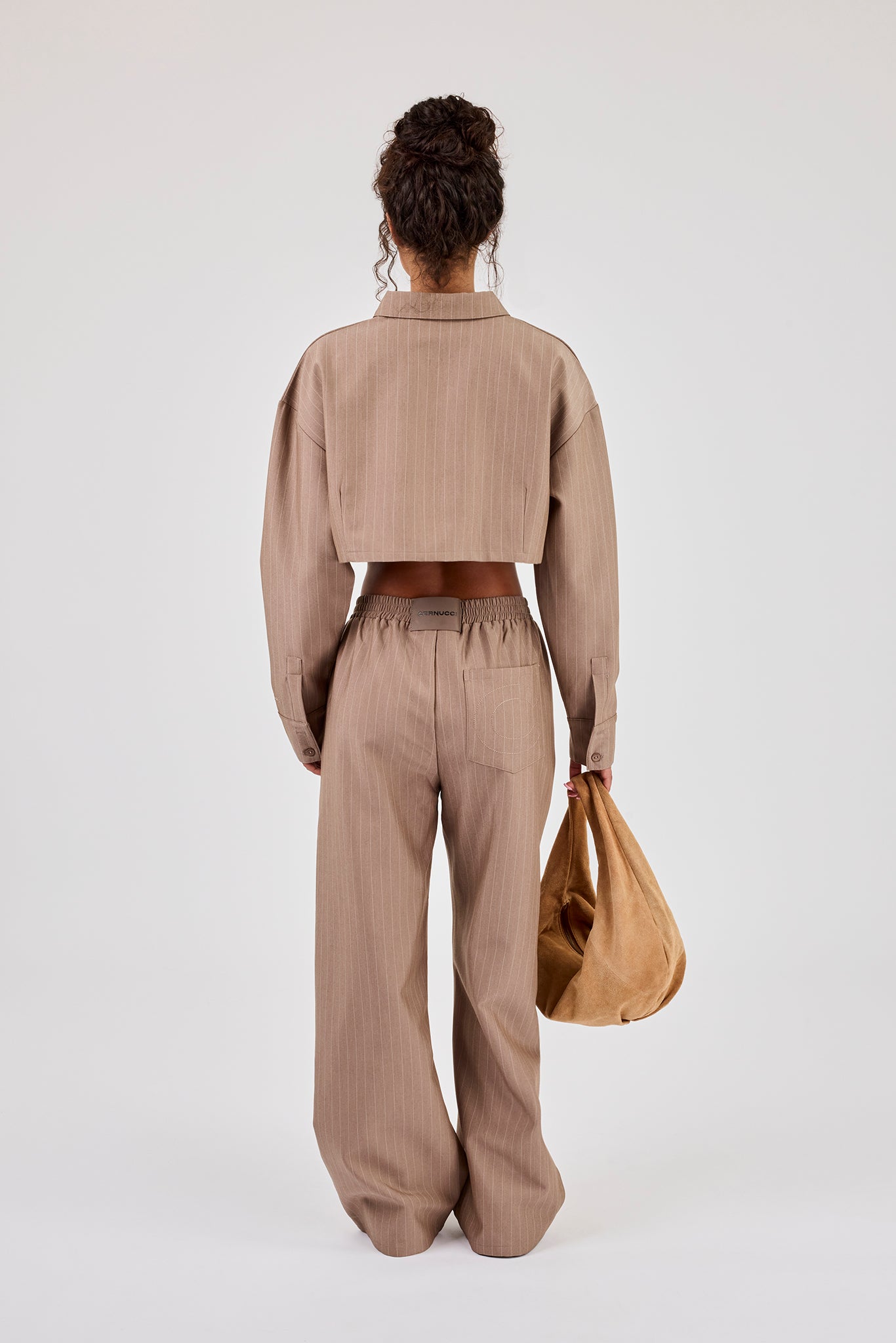 Striped Super Crop Shirt & Wide Leg Trouser - Taupe