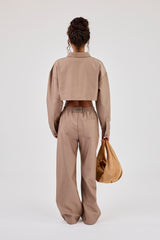 Striped Super Crop Shirt & Wide Leg Trouser - Taupe