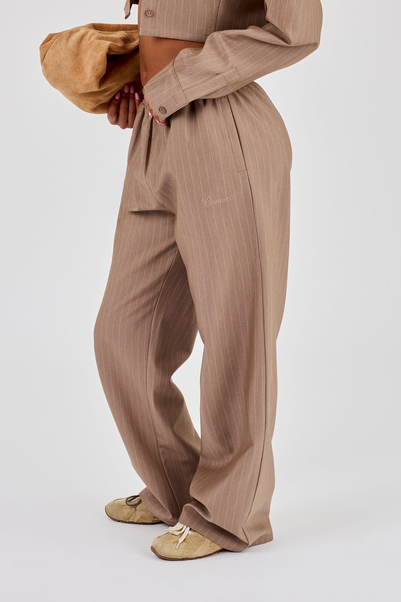 Gestreifte Hose mit weitem Bein – Taupe