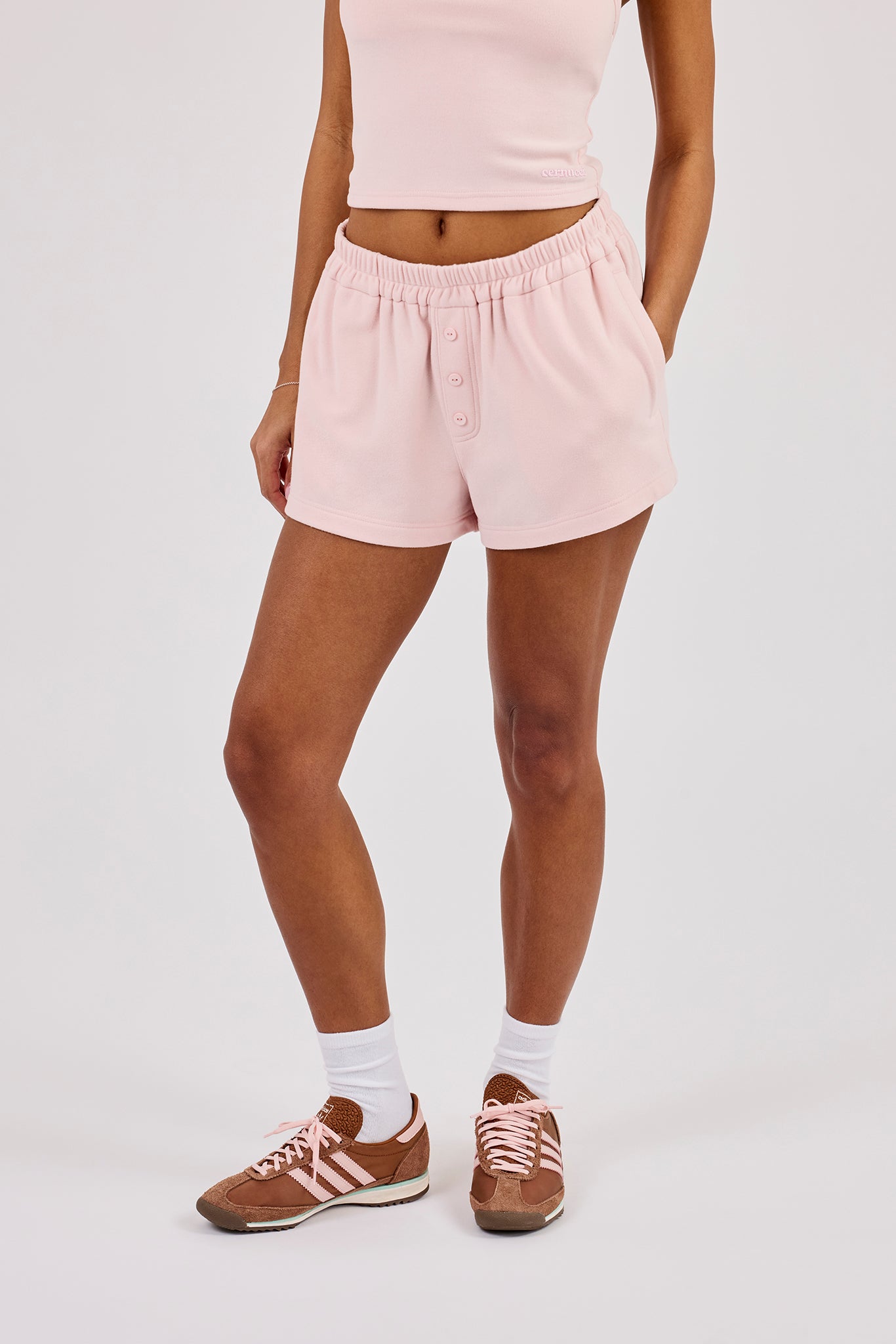 Peached Soft Touch Button Front Short - Baby Pink