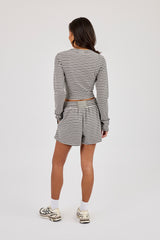 Stripe Soft Touch Long Sleeve Top & Button Front Short - Grey
