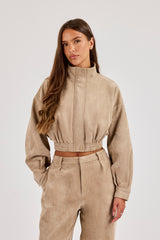 Suede Cropped Funnel Neck Jacket - Beige