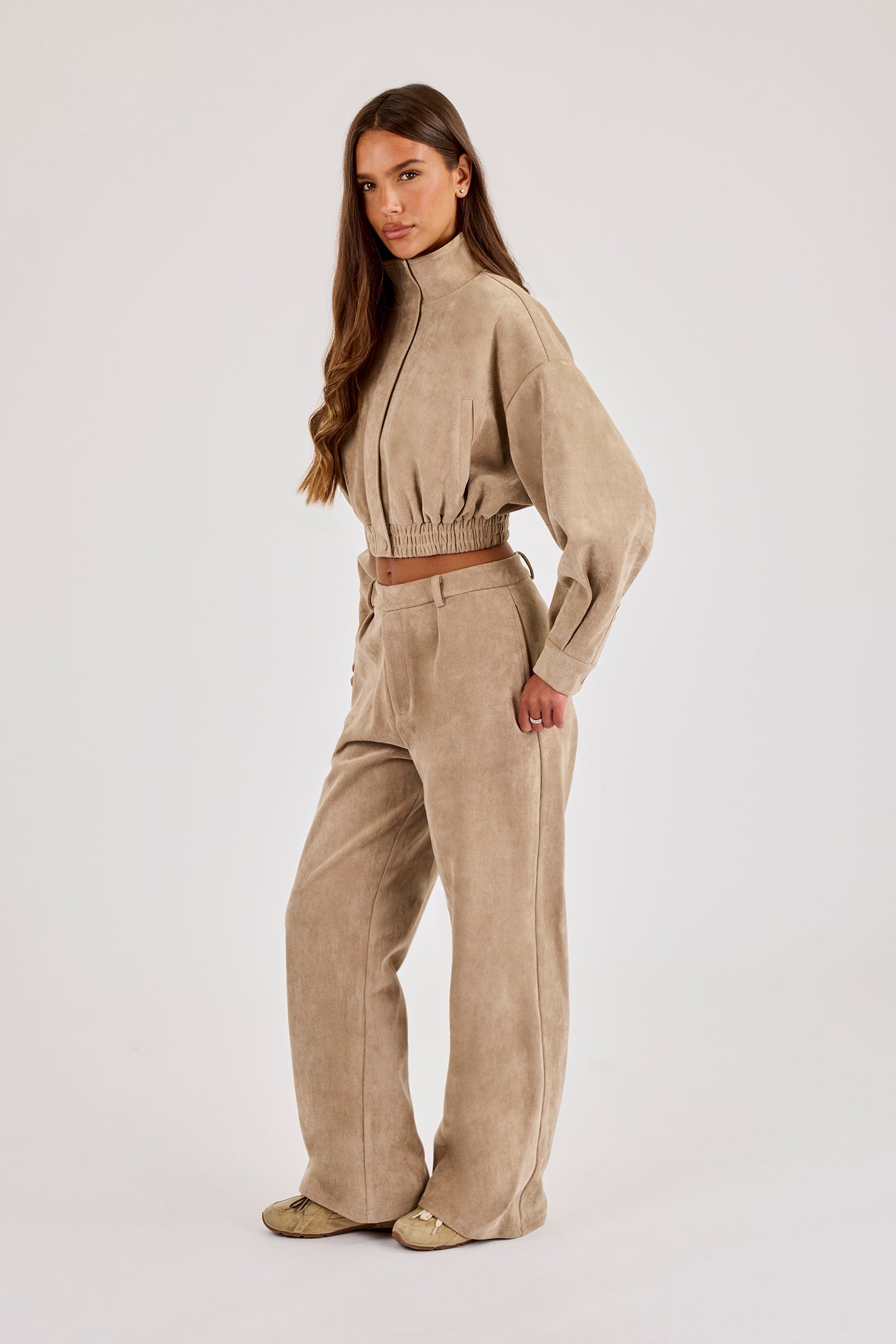 Suede Cropped Funnel Neck Jacket & Wide Leg Jogger - Beige