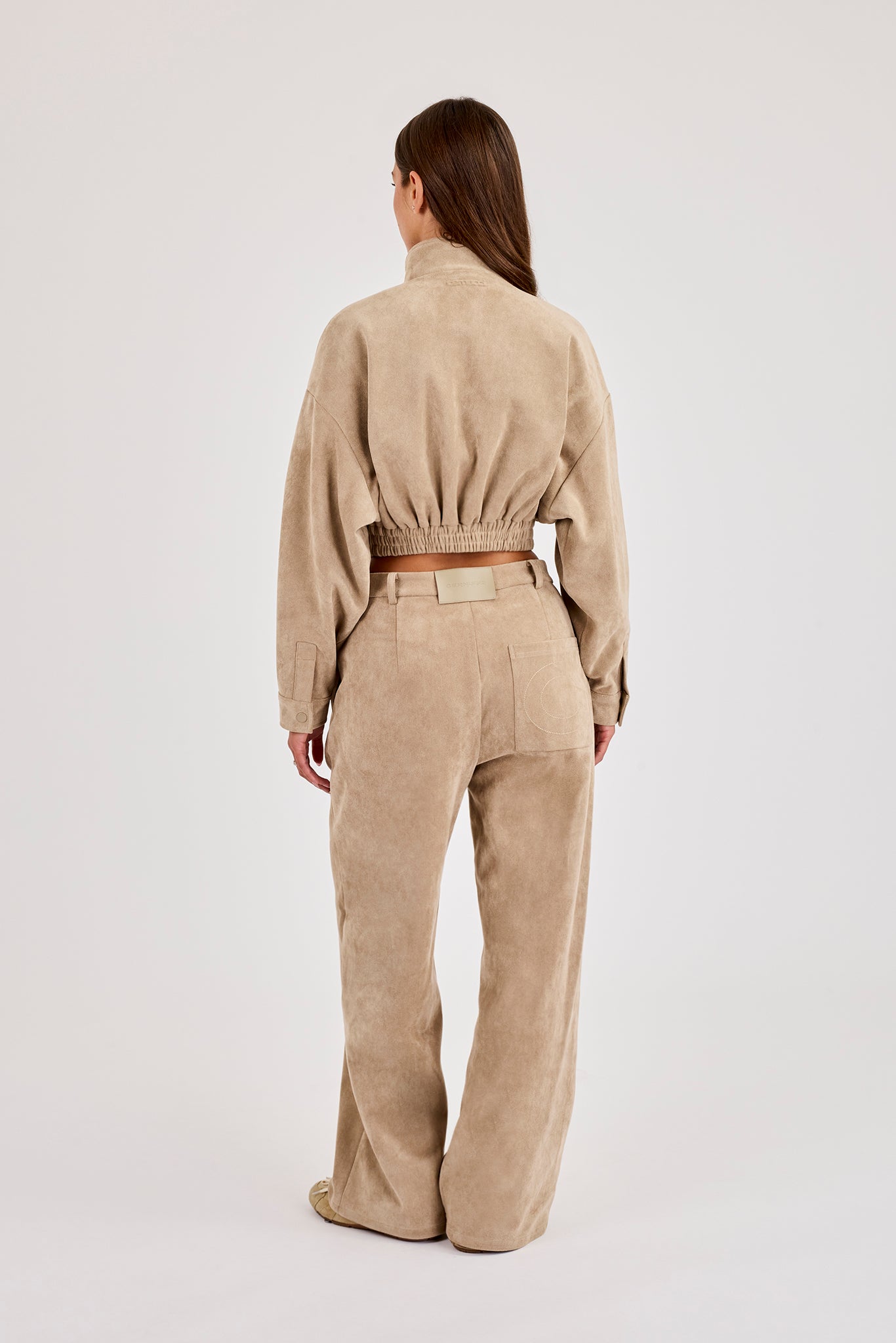 Suede Cropped Funnel Neck Jacket & Wide Leg Jogger - Beige