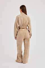 Suede Cropped Funnel Neck Jacket & Wide Leg Jogger - Beige