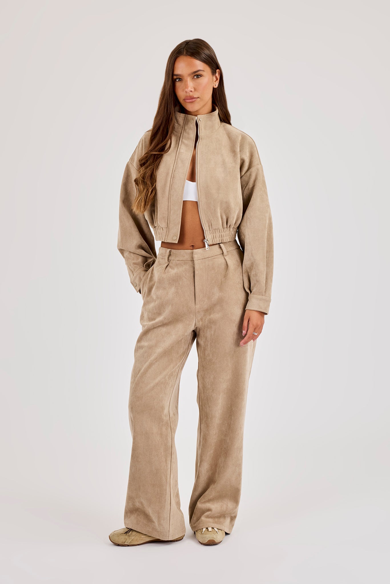 Suede Cropped Funnel Neck Jacket & Wide Leg Jogger - Beige