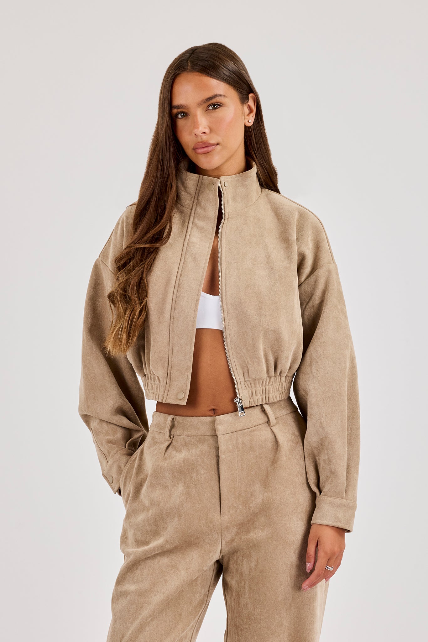 Suede Cropped Funnel Neck Jacket - Beige