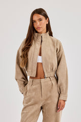 Suede Cropped Funnel Neck Jacket - Beige