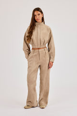 Suede Cropped Funnel Neck Jacket & Wide Leg Jogger - Beige