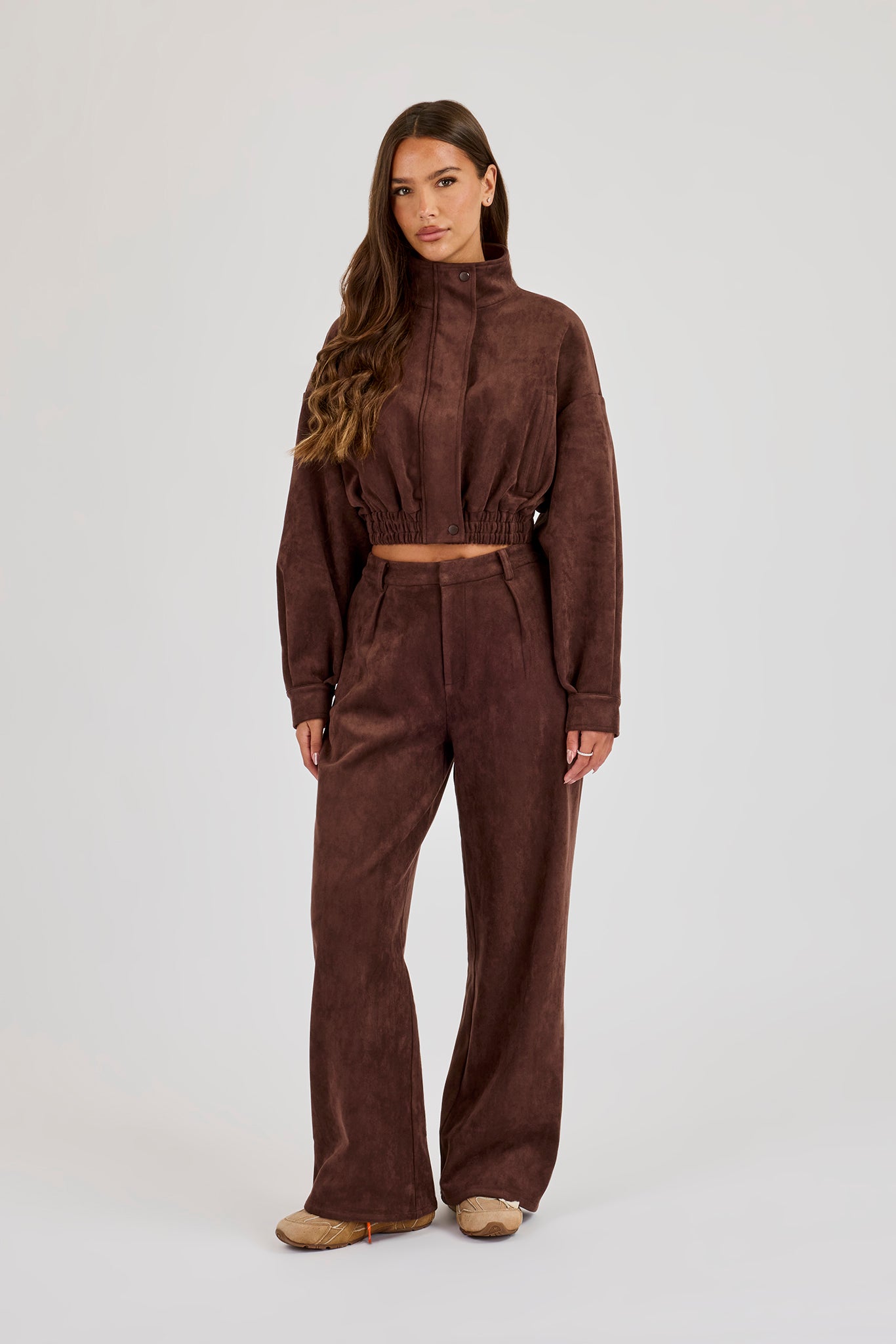 Suede Cropped Funnel Neck Jacket & Wide Leg Trouser - Chocolate