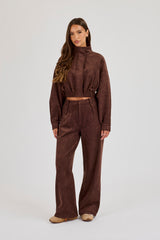 Suede Cropped Funnel Neck Jacket & Wide Leg Trouser - Chocolate