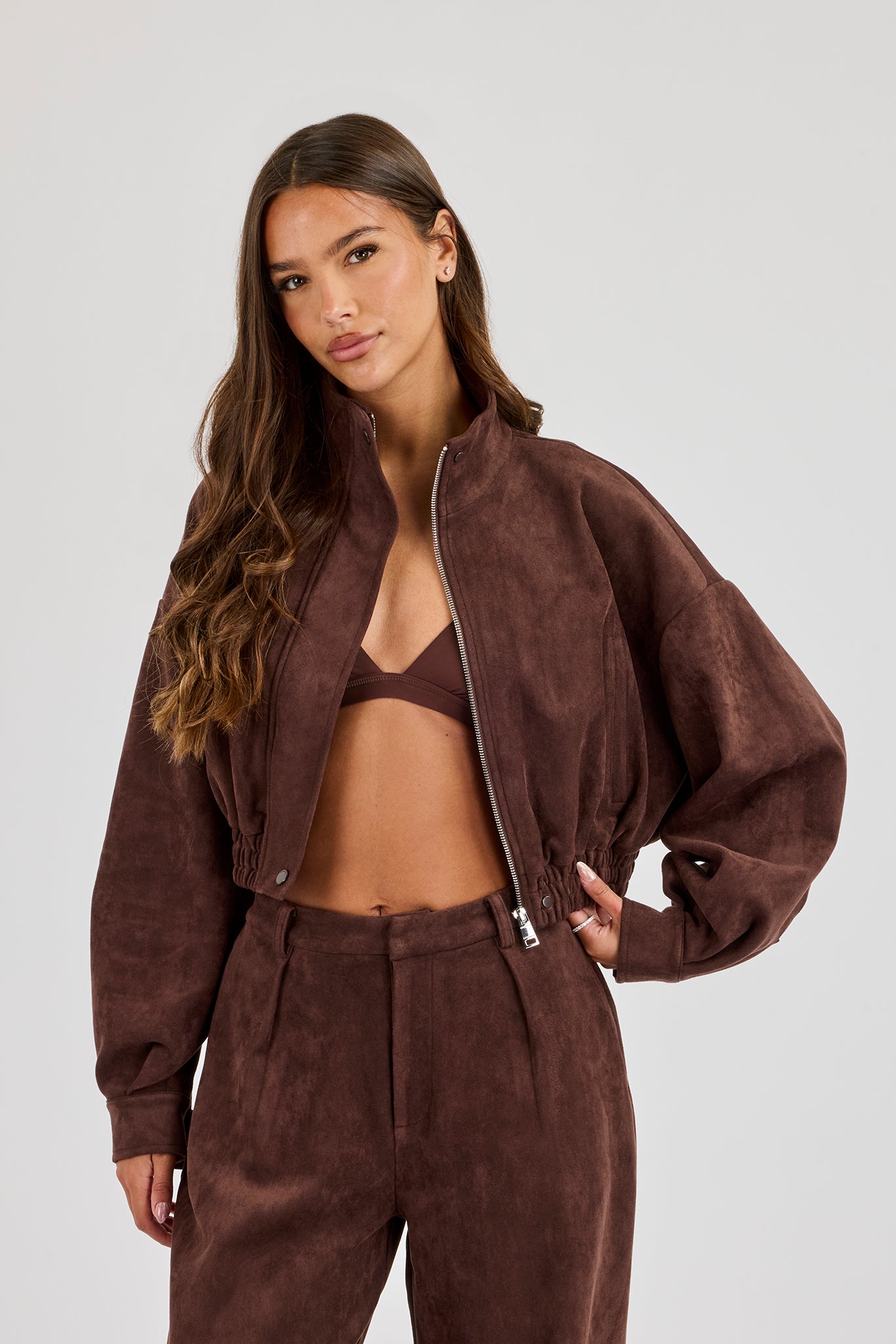 Suede Cropped Funnel Neck Jacket - Chocolate
