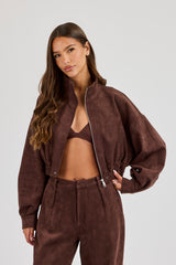 Suede Cropped Funnel Neck Jacket - Chocolate