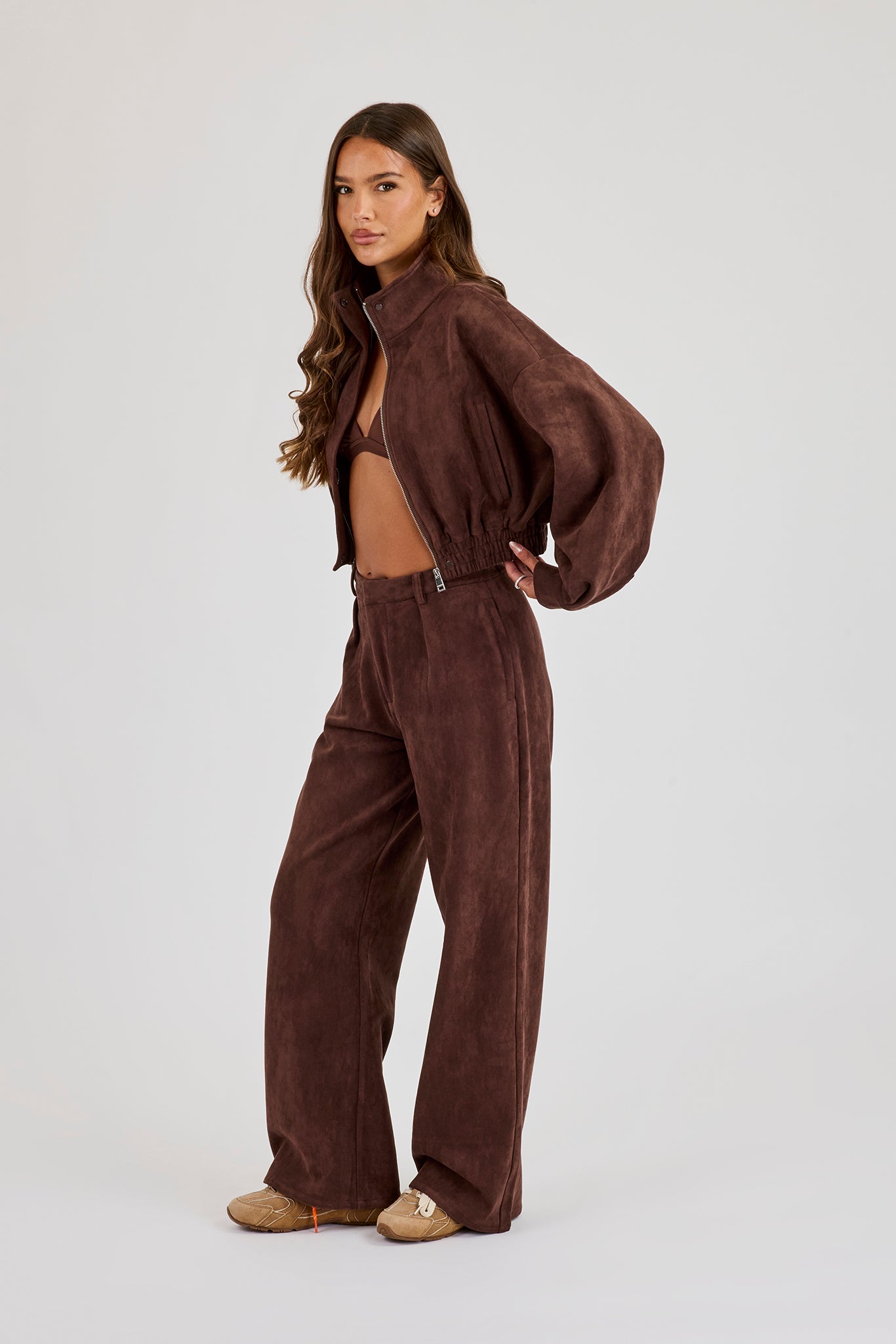 Suede Cropped Funnel Neck Jacket & Wide Leg Trouser - Chocolate