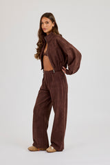 Suede Cropped Funnel Neck Jacket & Wide Leg Trouser - Chocolate