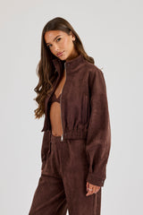 Suede Cropped Funnel Neck Jacket - Chocolate