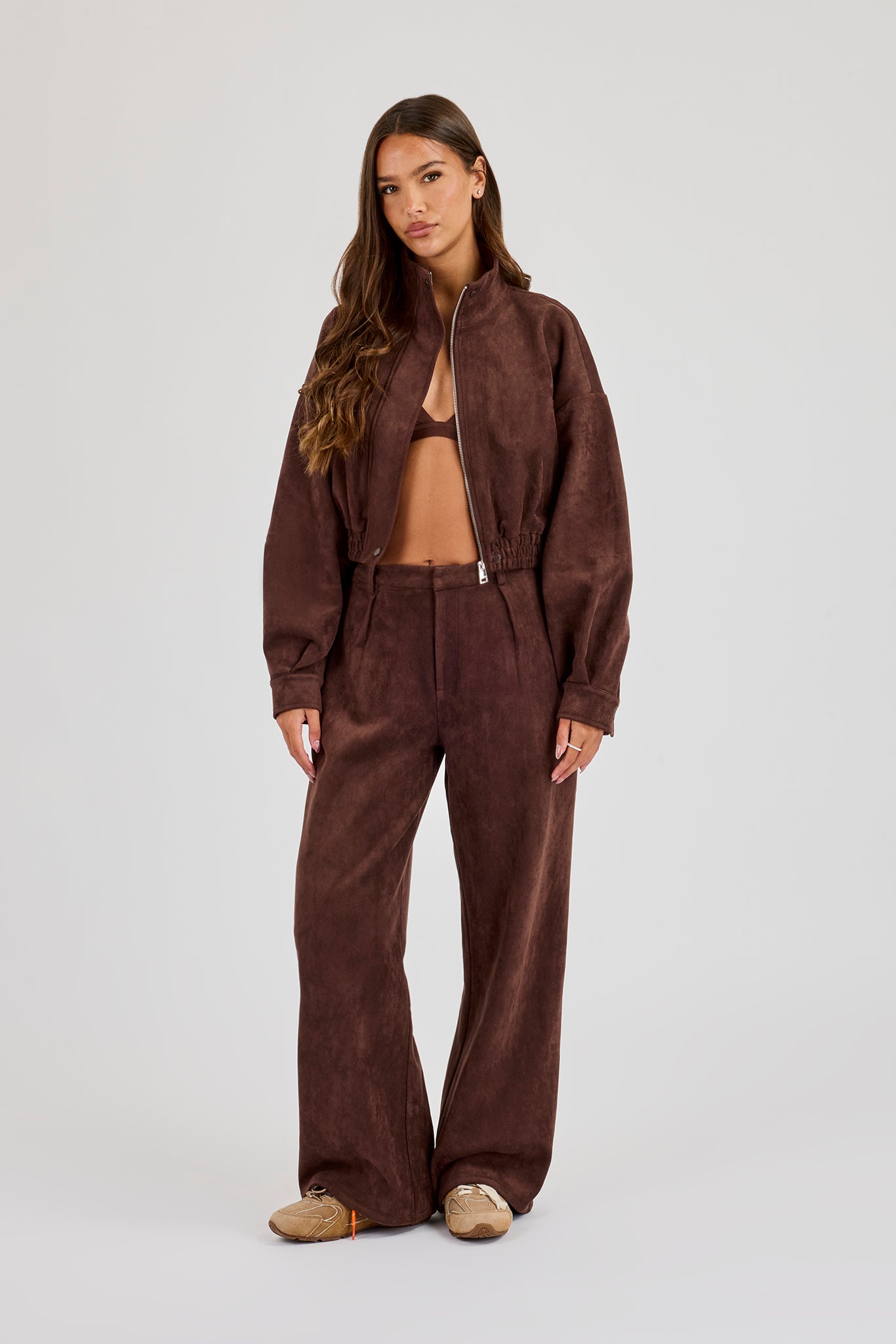 Suede Cropped Funnel Neck Jacket & Wide Leg Trouser - Chocolate