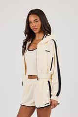 Halterneck Binding Top, Towelling Super Crop Zip Hoodie & Runner Short - Off White