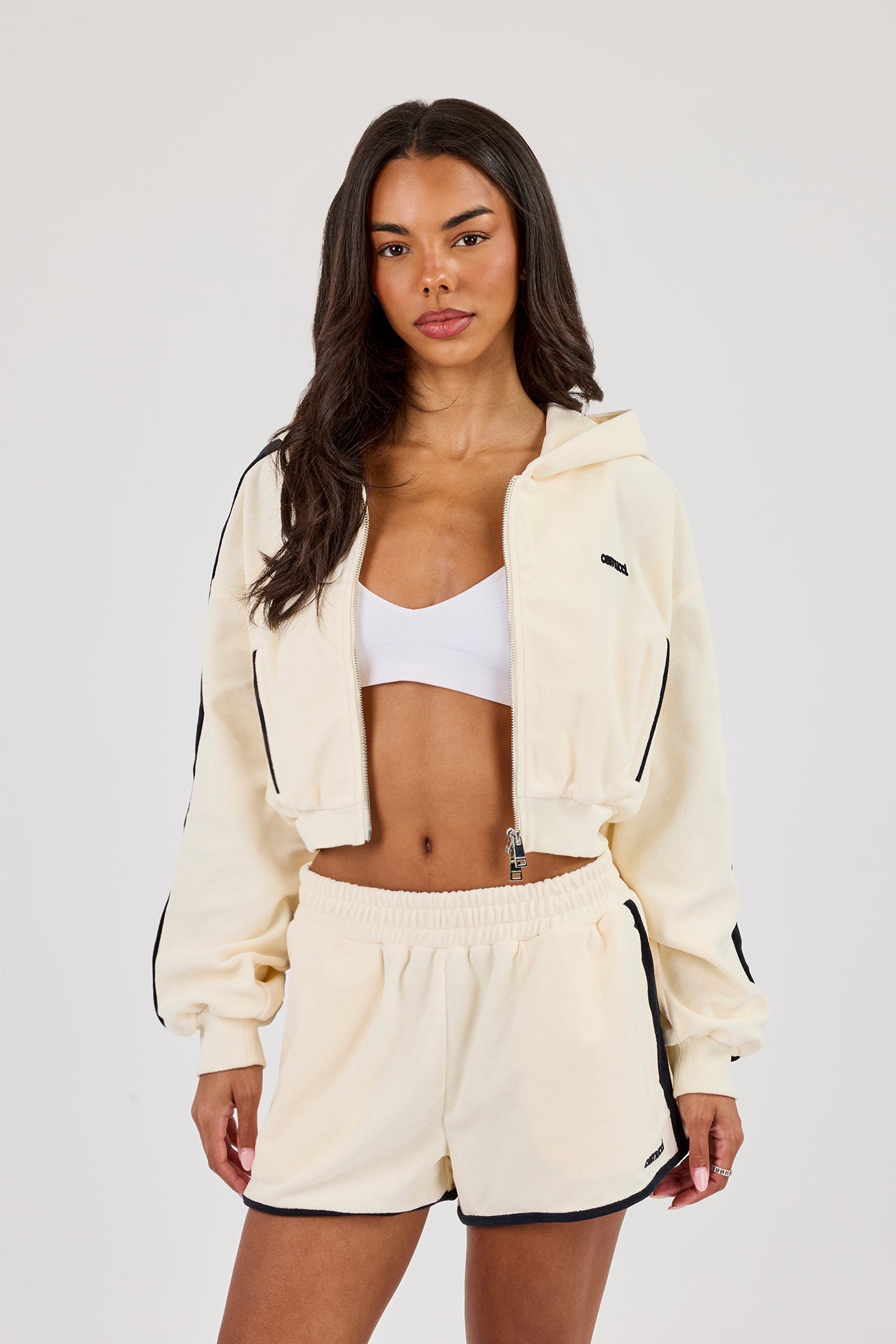 Towelling Super Crop Zip Hoodie - Off White
