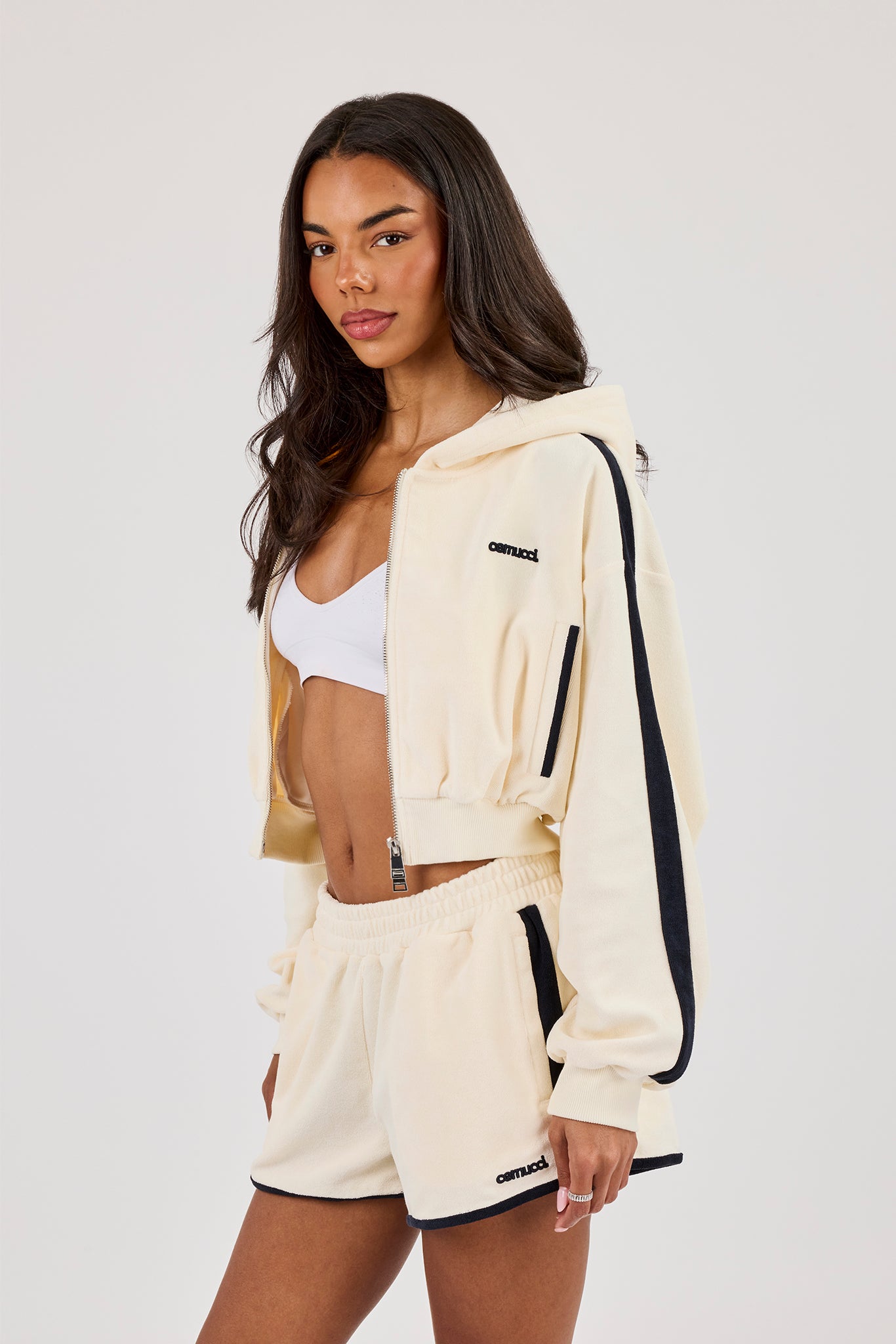 Towelling Super Crop Zip Hoodie - Off White