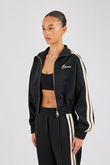 Kurze Jacke mit Stehkragen und Zierstreifen – Schwarz