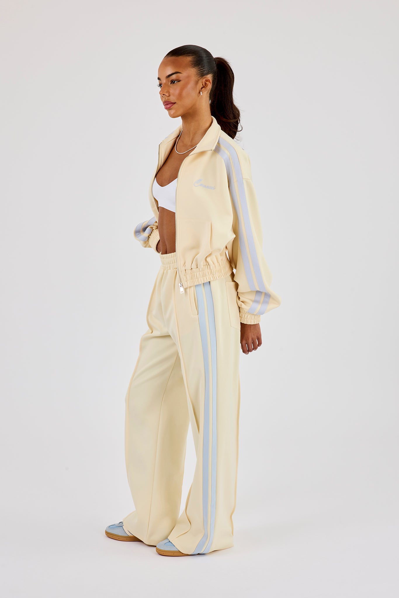 Taping Cropped Funnel Neck Jacket & Wide Leg Track Pant - Butter Yellow
