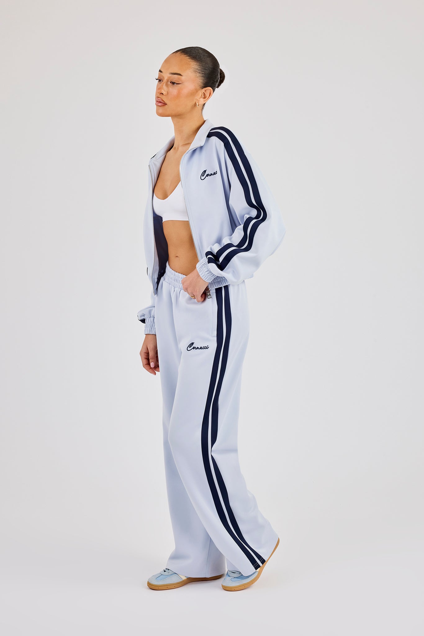 Taping Cropped Funnel Neck Jacket & Wide Leg Track Pant - Light Blue