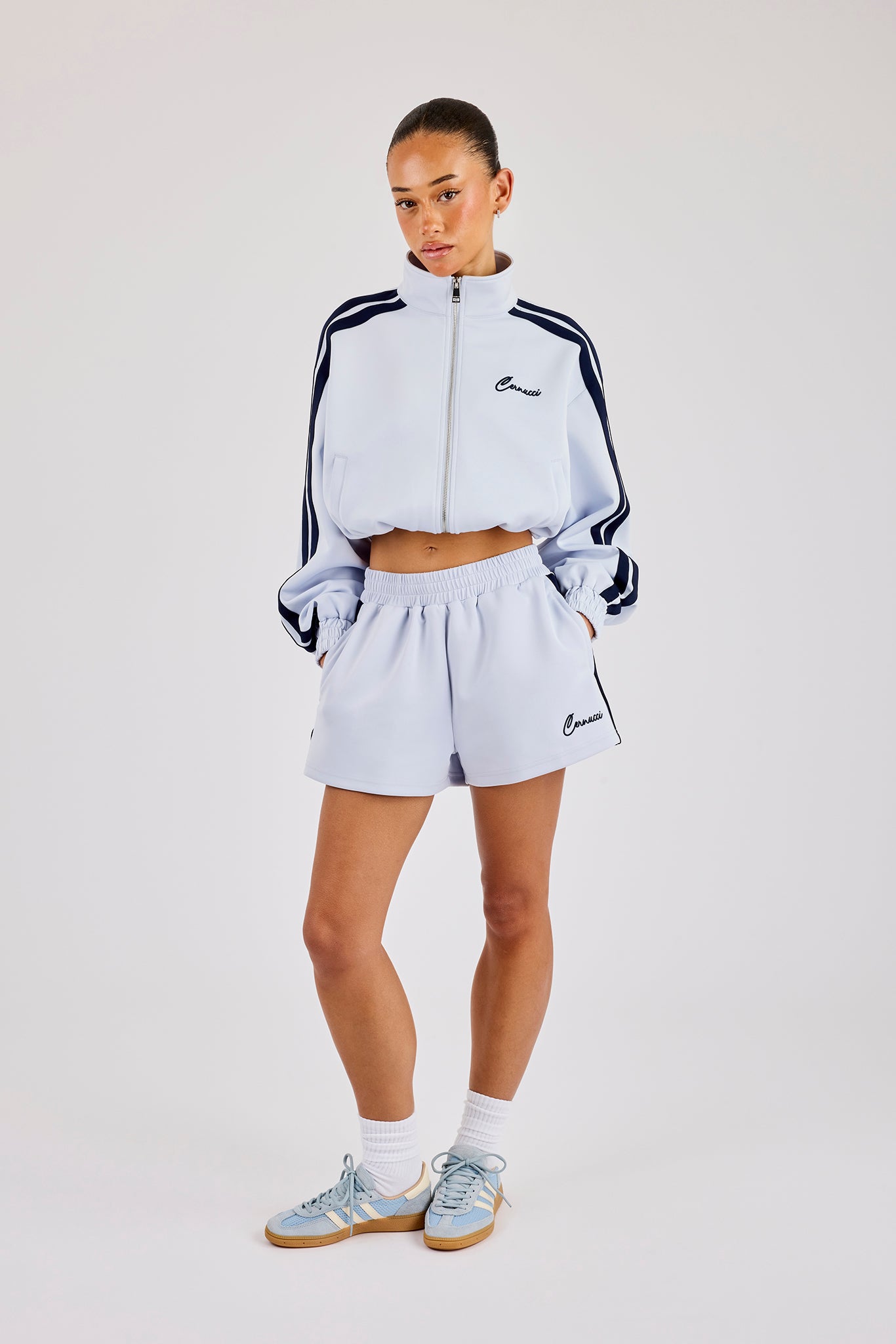 Taping Cropped Funnel Neck Zip Through & Short– Light Blue