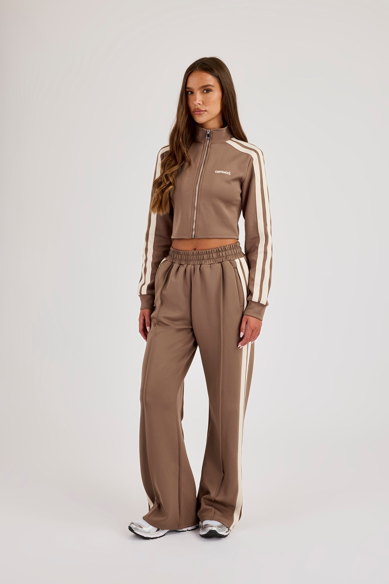 Fitted Taping Track Top & Wide Leg Track Pant - Taupe