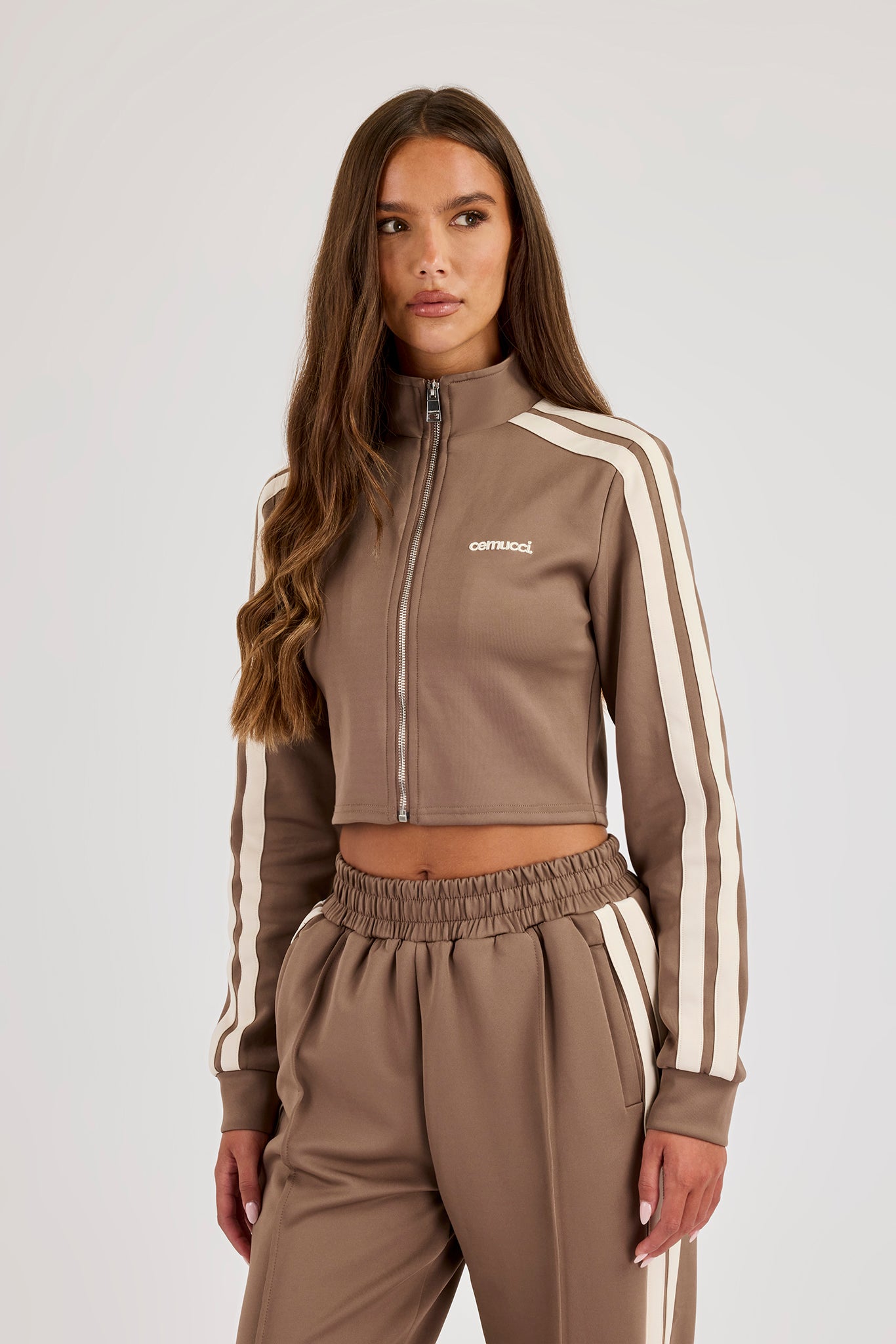 Fitted Taping Track Top - Taupe