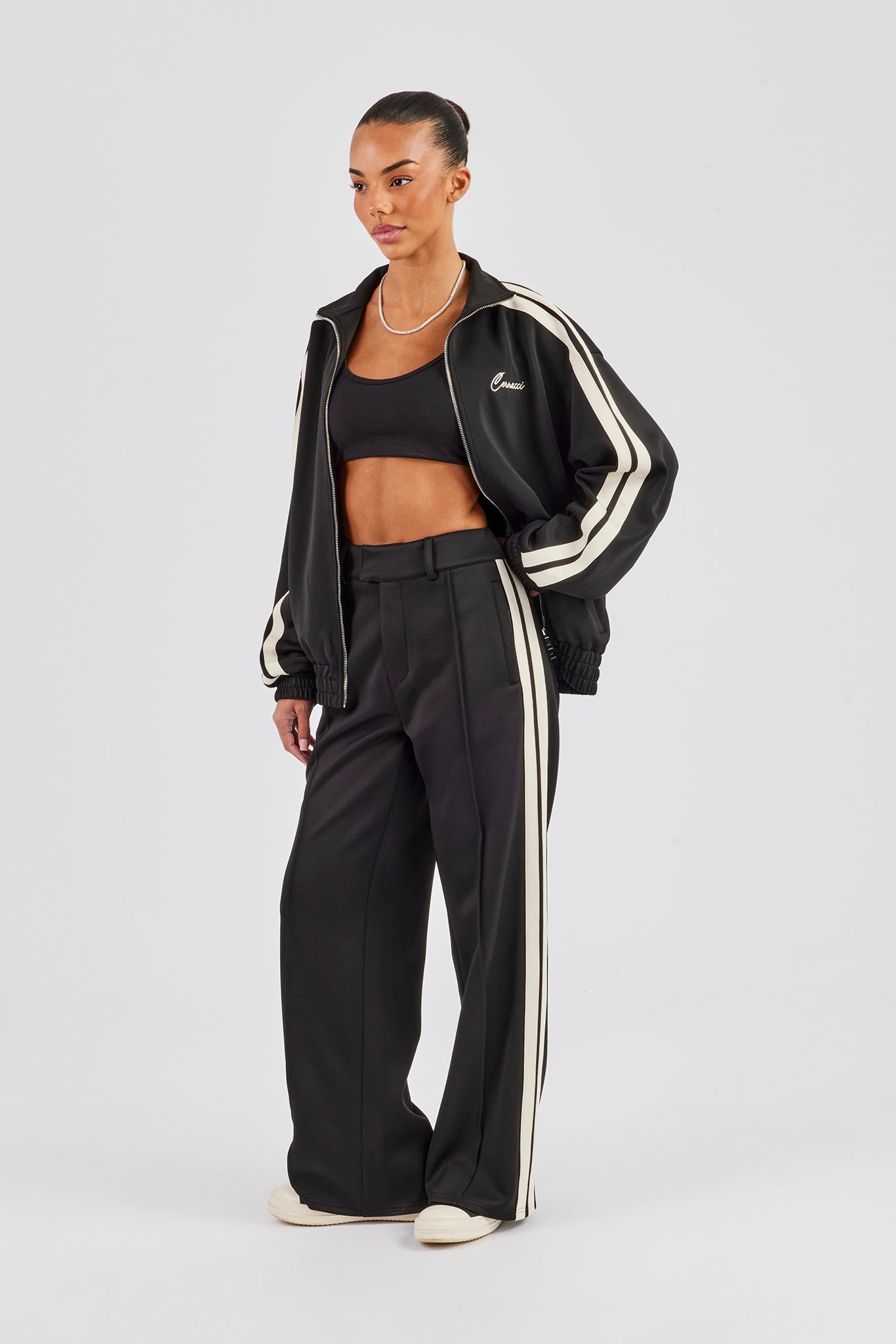 Funnel Neck Taping Zip Through Track Jacket & Tailored Trouser - Black