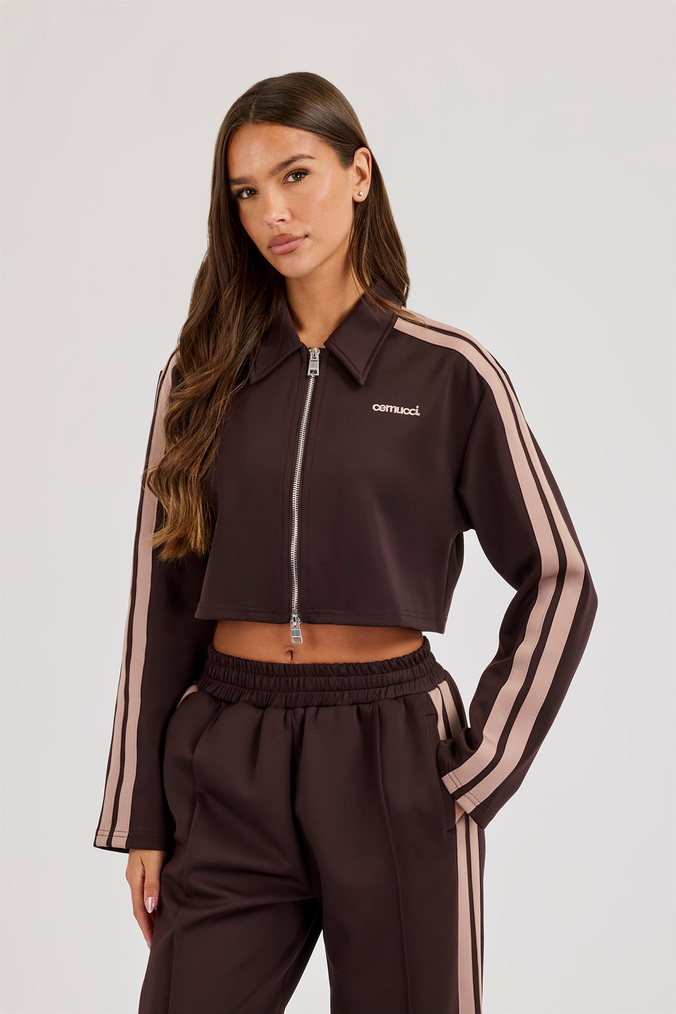Mocha Taping Cropped Harrington Jacket - Chocolate
