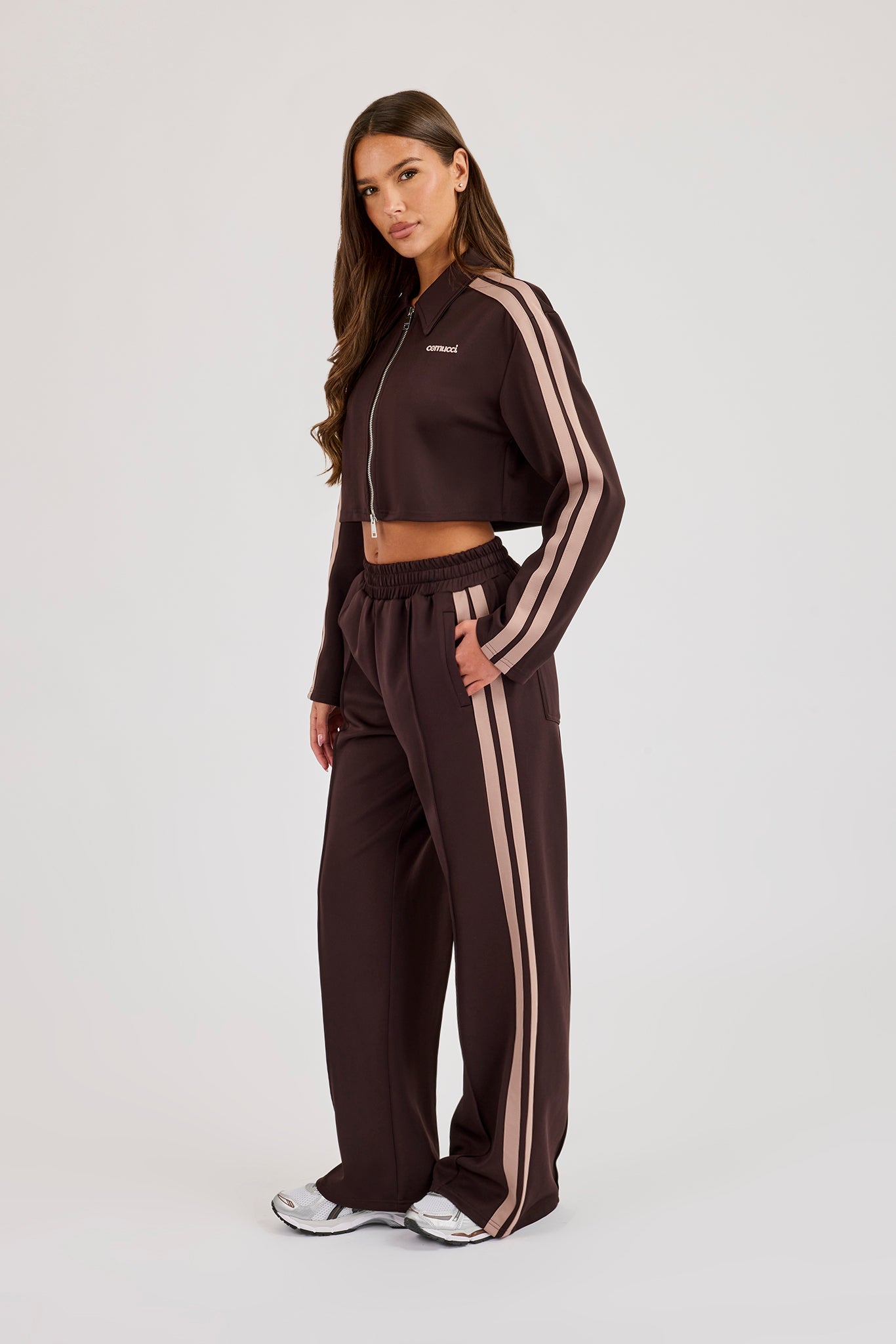 Mocha Taping Cropped Harrington Jacket & Wide Leg Track Pant - Mocha