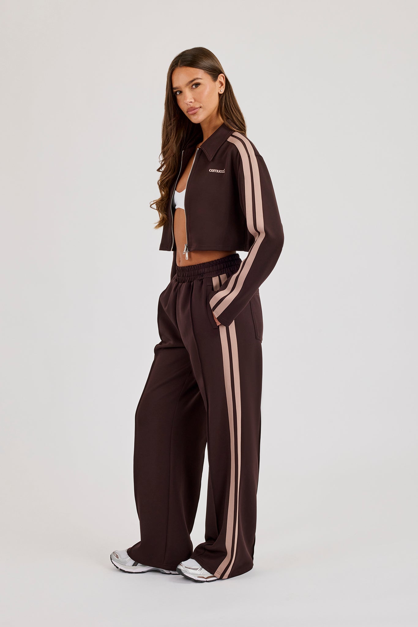 Mocha Taping Cropped Harrington Jacket & Wide Leg Track Pant - Mocha