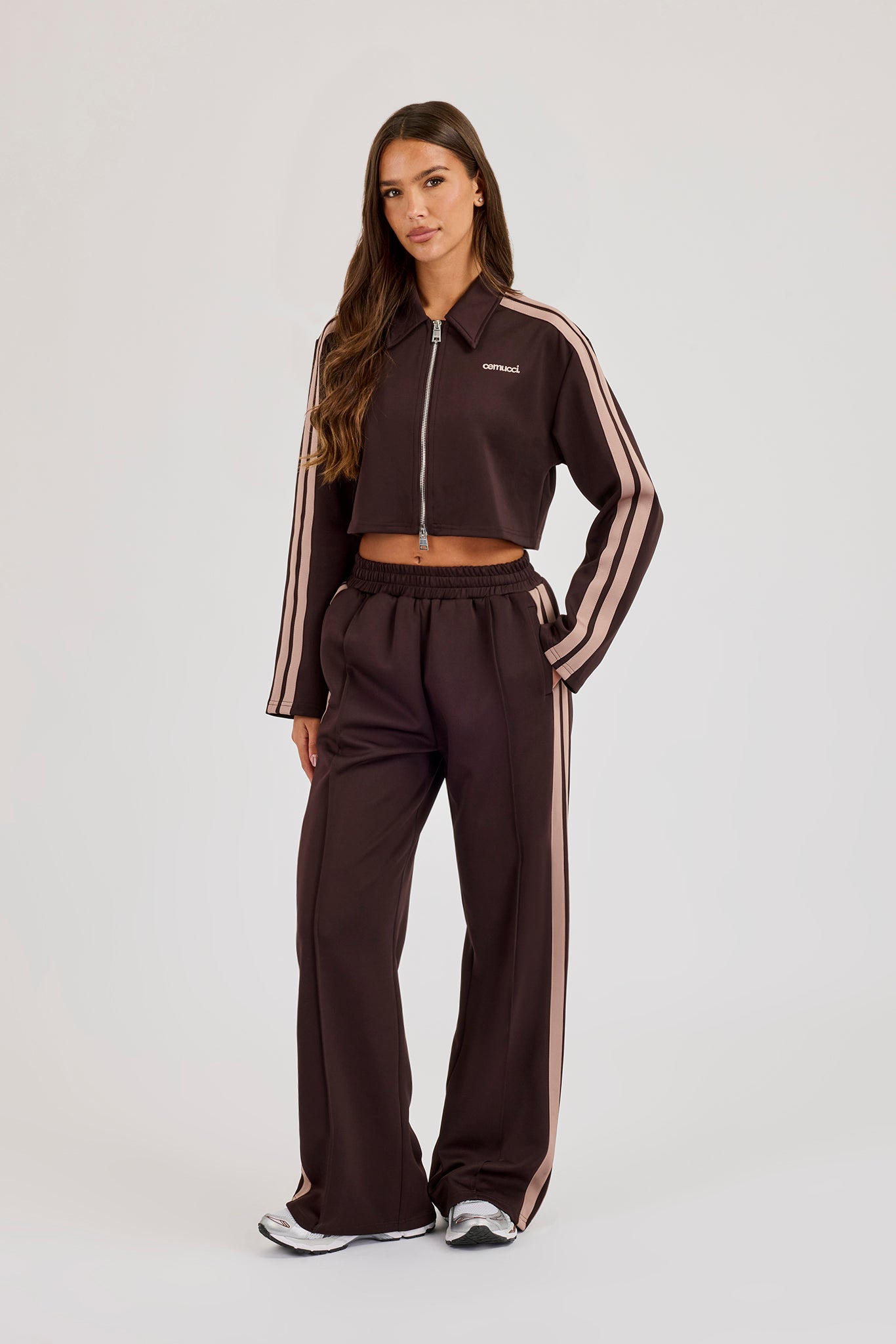 Mocha Taping Cropped Harrington Jacket & Wide Leg Track Pant - Mocha