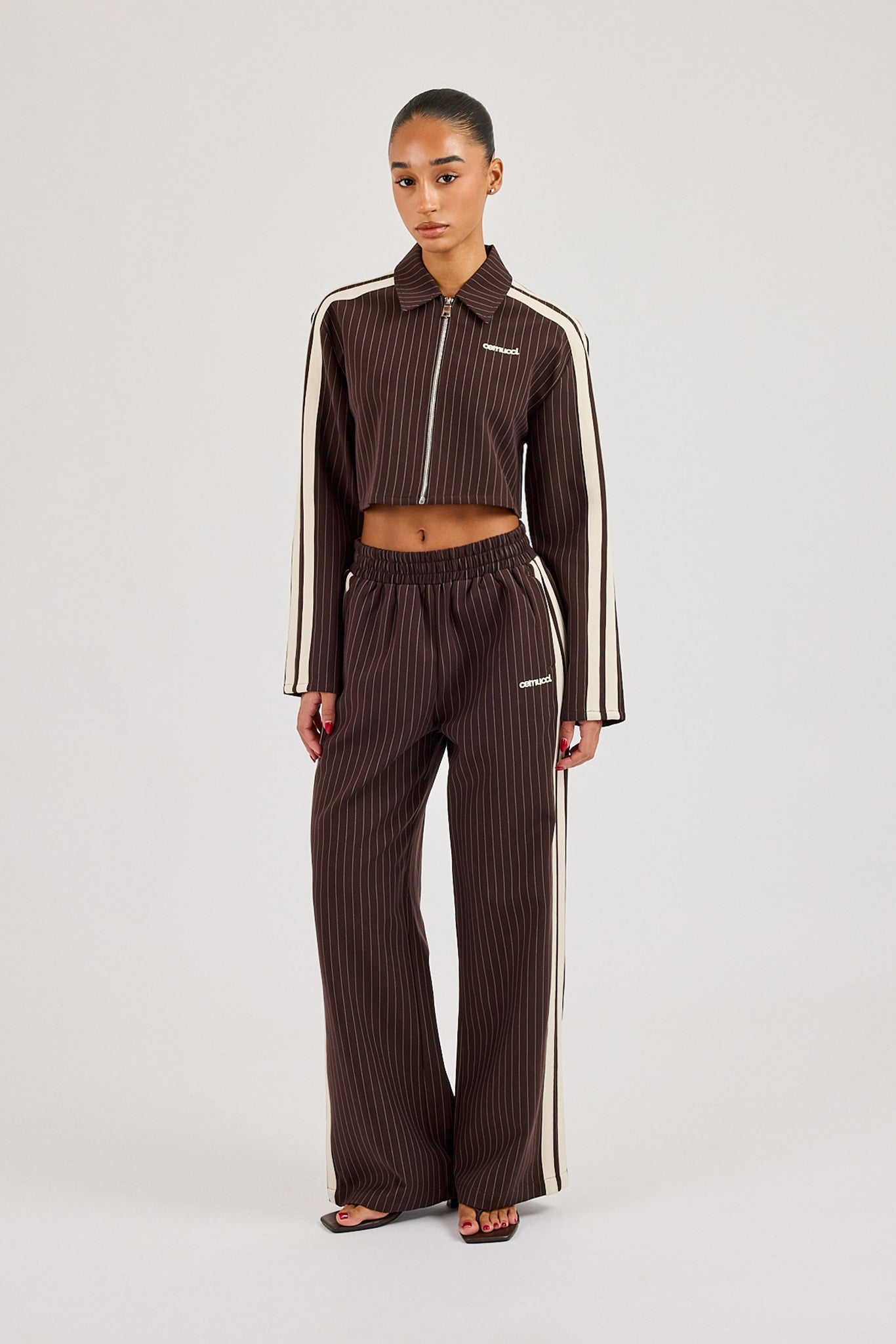 Pinstripe Taping Cropped Harrington Jacket & Wide Leg Track Pant - Chocolate