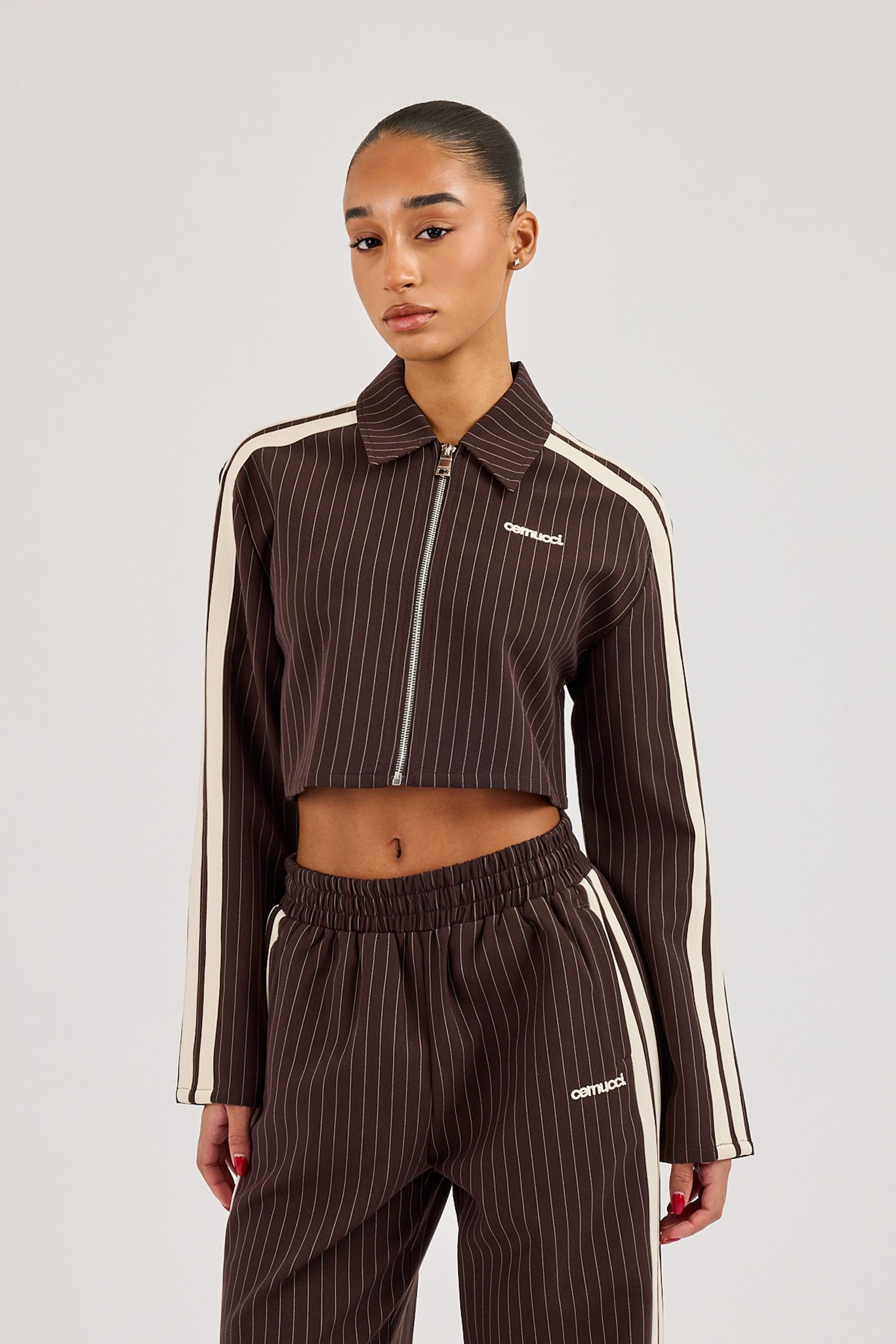 Pinstripe Taping Cropped Harrington Jacket - Chocolate