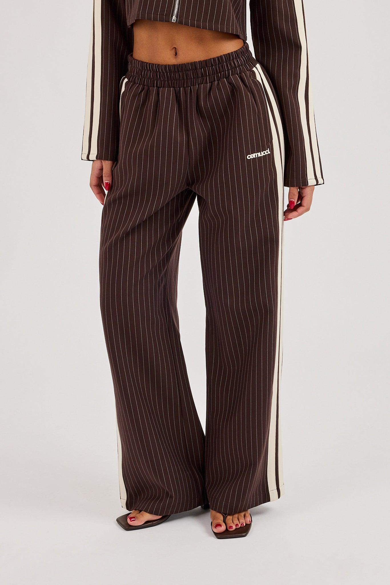 Pinstripe Taping Wide Leg Track Pant - Chocolate