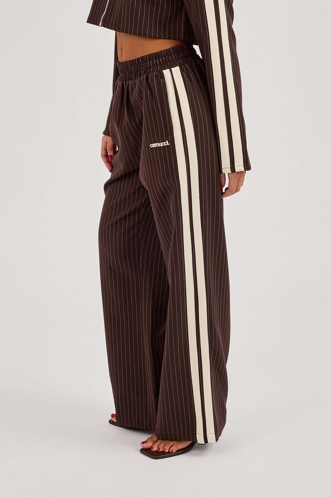 Pinstripe Taping Wide Leg Track Pant - Chocolate