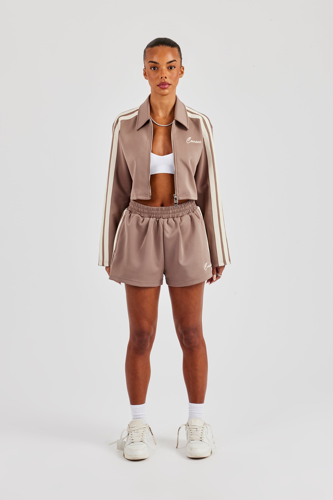 Taping Cropped Harrington Jacket & Short - Taupe | Womens Sets