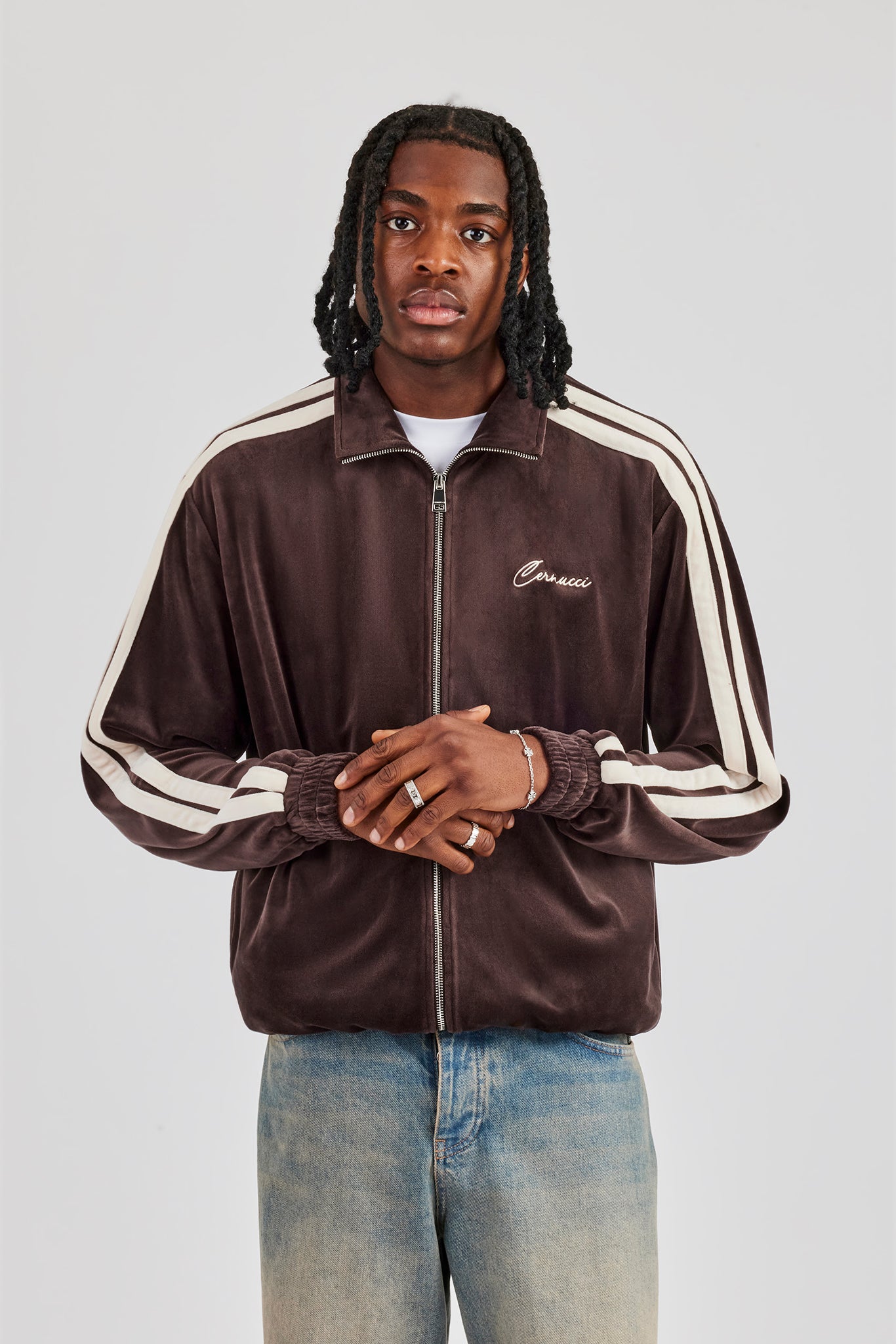 Zip Through Taping Velour Track Jacket - Chocolate | Mens