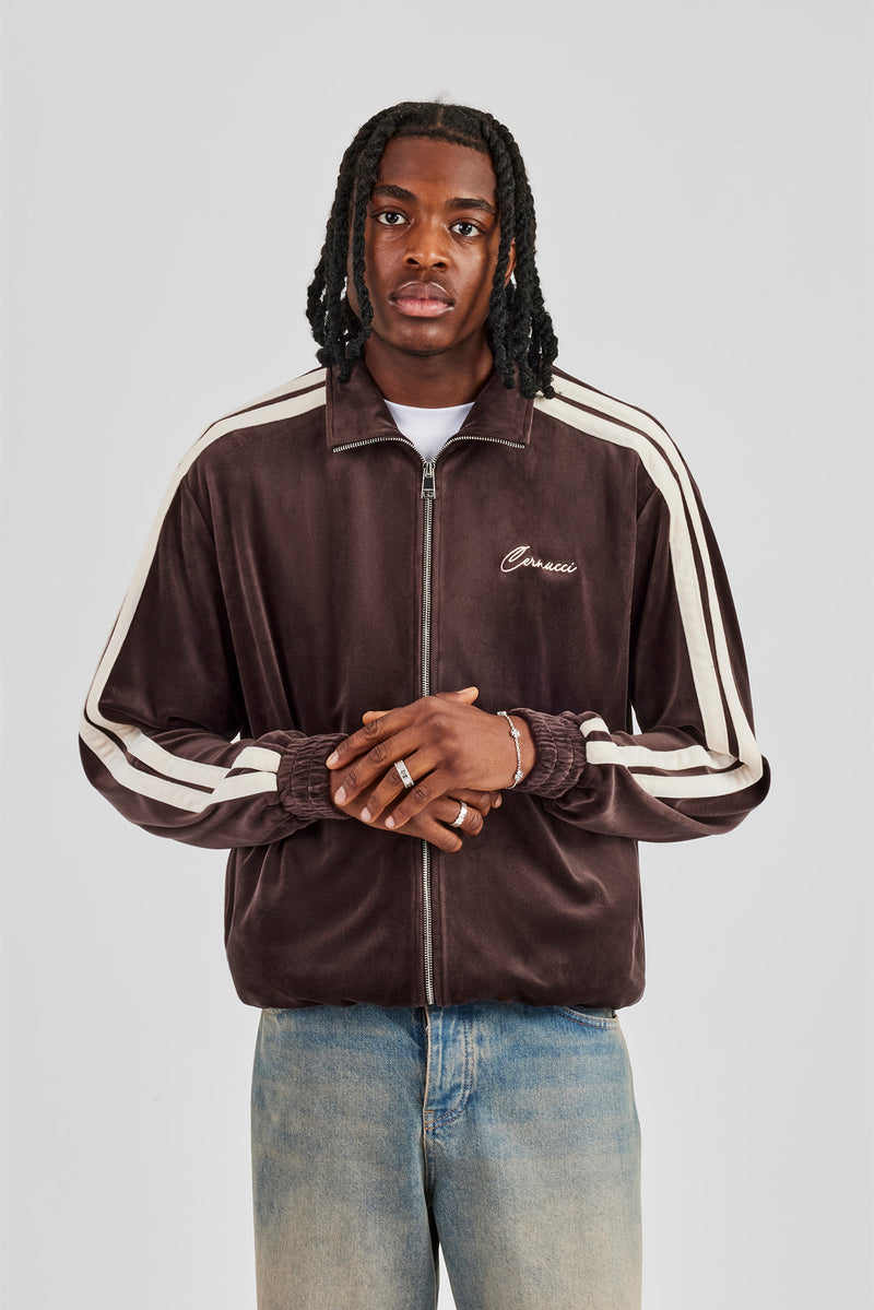 Zip Through Taping Velour Track Jacket - Chocolate