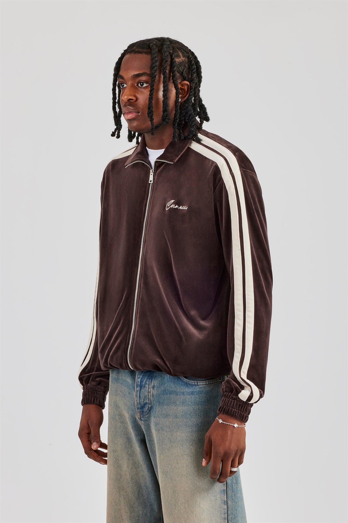 Zip Through Taping Velour Track Jacket - Chocolate | Mens