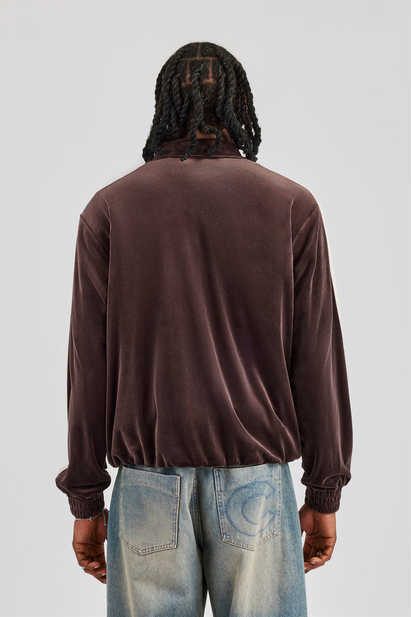 Zip Through Taping Velour Track Jacket - Chocolate