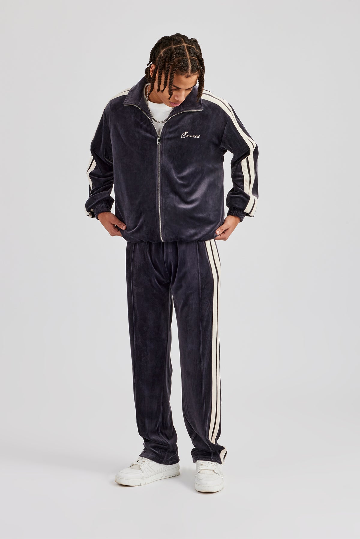 Zip Through Taping Velour Tracksuit Charcoal Mens Sets Shop