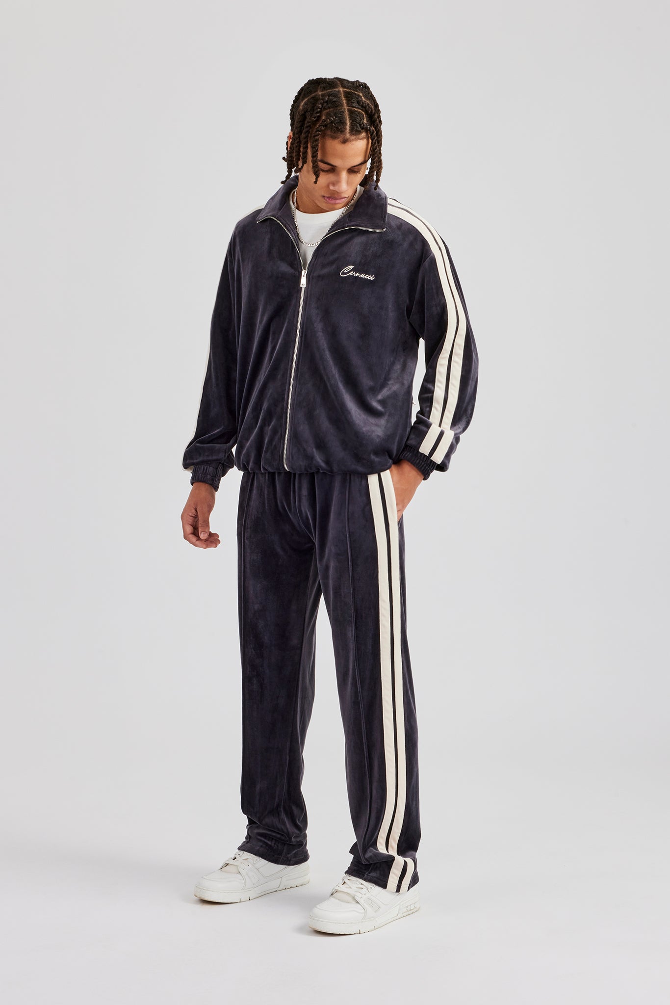 Velours-Trainingshose mit geradem Bein und Zierband - Anthrazit